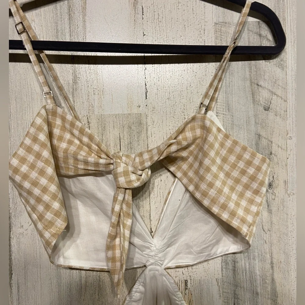 Abercrombie & Fitch Tan Gingham Linen Cotton Julia Slip Cutout Maxi Dress Medium